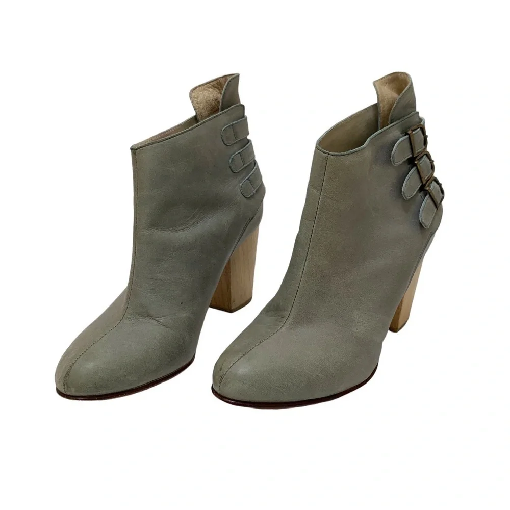Fortress of Inca Leather Booties Size 6 Ankle Boots Heel Buckles Gray Green